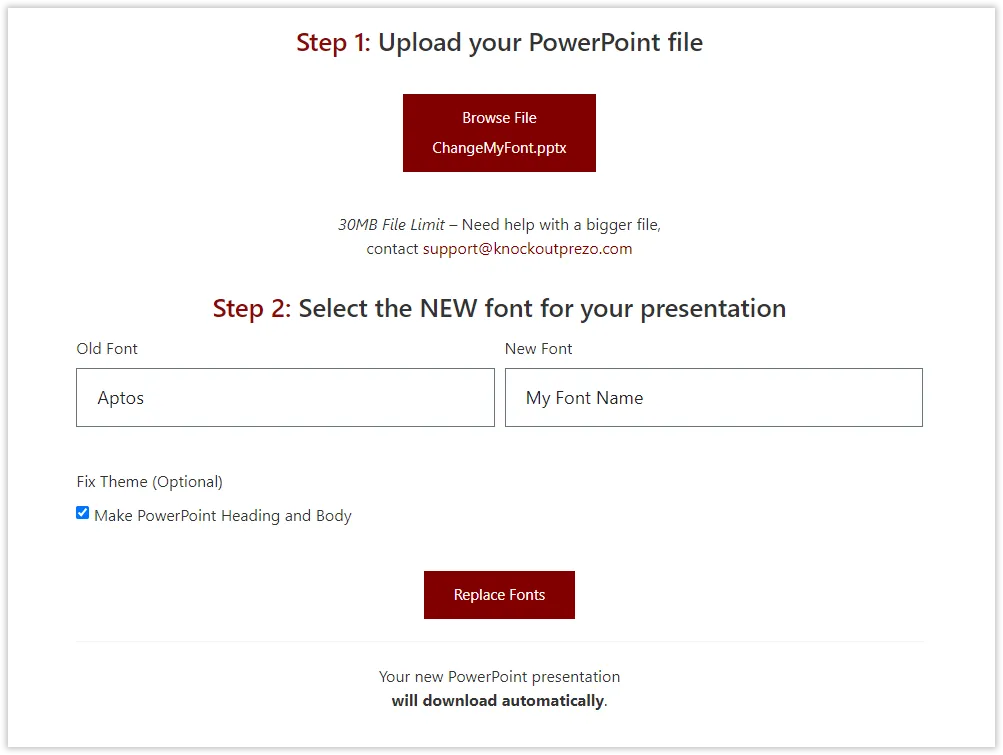 Screenshot of Knockout Prezo Tool for Customizing PowerPoint Heading and Body Fonts on Mac - Solved in 2 Steps