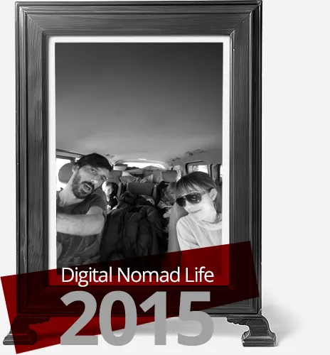 Photo of the Brewis Family in a vehicle during their digital nomad life in 2015, with the text 'Digital Nomad Life 2015 in a frame.