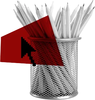 Metal mesh pencil holder filled with white pencils, overlaid with a red arrow and a pixelated black mouse cursor.